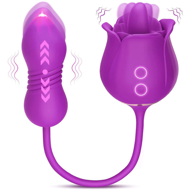 9-Speed Purple Color Silicone Rose Sex Toy with Vibrating Tongue and Thrusting Egg