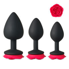 3-Piece Silicone Butt Plug Set with Rose-Shaped Red Base