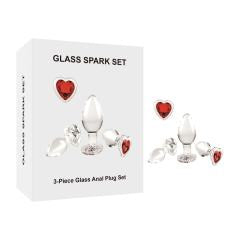 Clear Glass Anal Plug Set (3 Sizes) with Heart-Shaped Red Gem Base